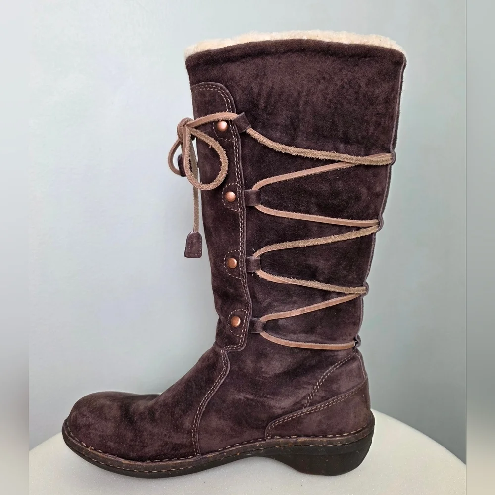 UGG Australia Mid-Calf Brown Suede Boots Shearling Trim Leather Lace-Up 7US/38EU